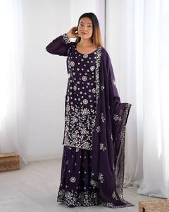 Nouveau concepteur violet vin couleur Georgette traditionnelle 3 pièces Salwar Kameez Sharara Plazzo costume ensemble fil séquence travail indien - Product Image 1