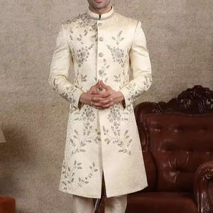Elegante Zari Bordado de lana/terciopelo de seda Sherwani y conjunto de pantalón con cuentas de cristal antiarrugas cuello mandarín cremallera mosca - Product Image 1