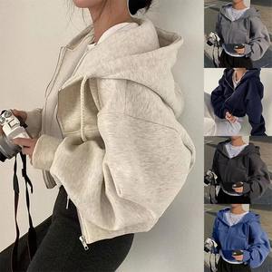 2025 Spring Autumn New <b>Zip</b>-up Warm Navy Blue Hooded 100% Cotton Fleece <b>Sweatshirt</b> Women - Product Image 1