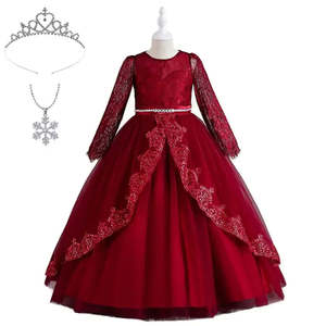 Robe de bal à manches longues pour enfants avec col montant, dentelle, sequins et motifs imprimés - Product Image 3