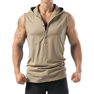 Mens Cotton Tank Top | Sleeveless Hooded T-<b>Shirt</b> | <b>Button</b> <b>Up</b> Gym Vest | Casual Baggy Summer Tee High Elastic Fitness Sportswear - Product Image 2