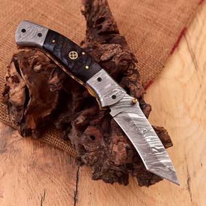 Couteau de poche pliant damas de haute qualité rasoir tranchant avec gaine en cuir de corne de bélier OEM personnalisable - Product Image 4