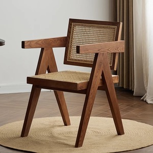 Sedia in Rattan Stile Chandigarh Retrò, Sedia da Pranzo in Legno Massello, Sgabello con Braccioli <span class=keywords><strong>e</strong></span> Schienale per Casa <span class=keywords><strong>e</strong></span> Ristorante - Product Image 1