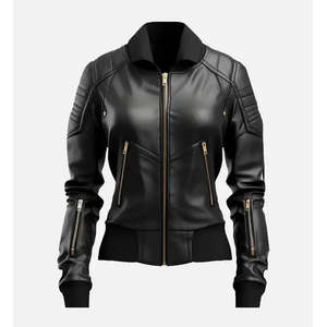 Women's Black Lambskin Leather Bomber <b>Jacket</b> with <b>Fringe</b> Reversible Custom Logo - Product Image 1
