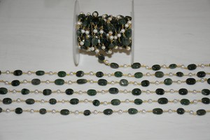 Perle blanche plaquée or de qualité supérieure et chaîne de chapelet de perles ovales vertes naturelles, chaîne de perles en fil métallique pour la fabrication de bijoux - Product Image 5