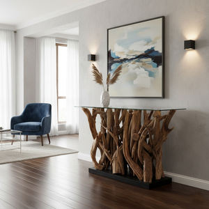 Premium Natural Teak Driftwood <b>Mirrored</b> Rustic Artistic Glass Top Console <b>Table</b> Luxurious Handcrafted Entryway Hallway - Product Image 5