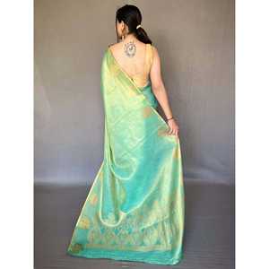 Sari de mariage en soie tissée turquoise glamour avec chemisier pour votre jour spécial - Product Image 4