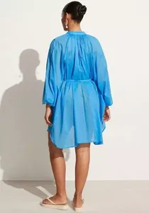 Automne décontracté Mini Kimono pour femmes attrayant dames bleu 100% coton Sexy col carré manches longues plaine colorant naturel - Product Image 3