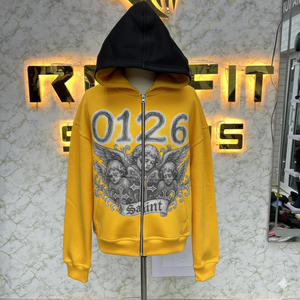 Sweat-shirt à capuche jaune zippé pour homme, style streetwear, imprimé motif ange 0126, logo Saint Front, coupe régulière, en molleton de coton, pour l'automne - Product Image 1