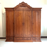Armoire classique européenne en teck sculpté à la main, 4 portes, style royal antique, en bois massif durable, autoportante