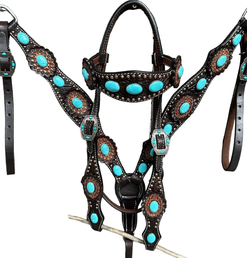 Western Tack Concho Headstall Pecho Collar Hecho a mano Cuero genuino Turqouise Concho