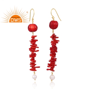 Best Selling Sterling Silver 18K Flash <b>Gold</b> Plated Pearl & Coral Cultured Gemstone <b>Dangle</b> <b>Earring</b> Demi Fine Jewelry Manufacturer - Product Image 3