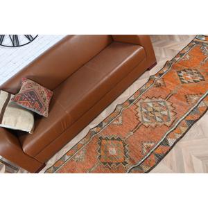 Alfombra Turca Vintage de 2.5x11.5 pies, Alfombra de Pasillo en Degradado Naranja y Gris, de Lana con Parches, Respaldo de Látex, Ecológica y Tradicional - Product Image 4