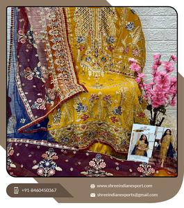 Salwar Kameez Tradicional Indio de Georgette y Seda Sin Coser, Diseño Moderno, Bordado Intenso, Multicolor, Talla Única - Product Image 3