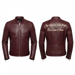 Chaqueta de Cuero de Cordero Borgoña Premium para Hombre, Estilo Café Racer, Corte Ajustado, Moda Motera Moderna, Cierre de Cremallera, Logotipo Frontal, Transpirable - Product Image 3