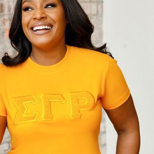 Solid <b>Gold</b> Chenille Tee Sigma Gamma Rho Sorority Apparel Greek <b>Letters</b> Embroidered <b>Gold</b> College Style Chenille Shirt - Product Image 6
