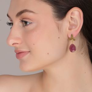 Handmade Dua Pink <b>Jade</b> Flower Pear Drop Earrings 18K Gold Plated Brass Trendy Elegant Natural Gemstone Women's Wedding <b>Jewelry</b> - Product Image 6