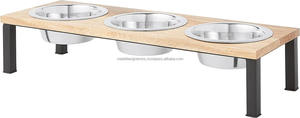 Soporte de cuencos de forma rectangular de 3 comensales de acero inoxidable elevado de alambre de hierro con tapa de madera para comederos para gatos y perros - Product Image 5