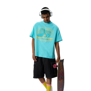 เสื้อยืดผู้ชายสีฟ้าอ่อนทรงหลวมผ้าฝ้าย 100% สไตล์วินเทจลำลองสตรีทแวร์เนื้อผ้านุ่มระบายอากาศได้ดีเหมาะสำหรับใส่ในชีวิตประจำวันในเมือง - Product Image 5