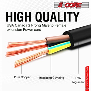 Cable de Alimentación CA de 5 Núcleos, 15 Pies, Polarizado Macho a Hembra de 2 Puntas, Cable de Extensión 16AWG 125V - Product Image 5