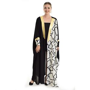 Tessuto Lame Abaya con maniche e colletto | Frc32096 nero-ecru