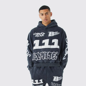 Écusson de broderie personnalisé pour hommes en détresse Ensemble de survêtement Streetwear Sweat à capuche délavé à l'acide et pantalon de survêtement - Product Image 3