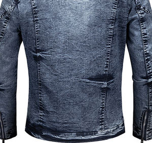 Veste en jean élégante avec fermeture éclair, col montant et plusieurs poches, vêtement d'extérieur décontracté bleu délavé robuste pour hommes - Product Image 6