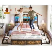 Cadre de lit avec tête de lit haute et 4 tiroirs, mobilier de chambre en bois massif et fer forgé, cadre de lit robuste et épaissi 1,5m 1,8m 2m T05