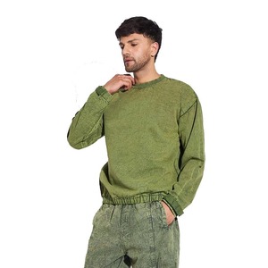 Sweat-shirt à col rond surdimensionné pour homme, vert uni, en coton tricoté, pull décontracté, vêtements d'automne, prix de gros - Product Image 2