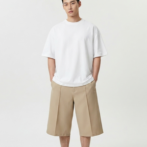 Men's <b>White</b> Crew Neck T-Shirt With Beige Pleated Shorts Set Loose Fit 100% Cotton Summer Casual Minimalist Style <b>Tracksuits</b> - Product Image 4