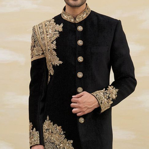 2023 Trendy Elegant Velvet Sherwani with Embroidery Plus Size Breathable <b>Pant</b> & Shoes for Party or Wedding - Product Image 1
