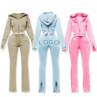 Nouvelle Tendance OEM : Ensemble Deux Pièces Rose pour Femme, comprenant une Veste Zippée, un Sweat-shirt Court et un Pantalon de Survêtement Uni, avec Logo Personnalisé et Effet Délavé Acide Vintage