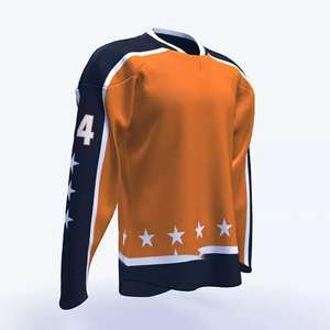Camiseta de Hockey Naranja y Negra, Uniforme de Equipo Sublimado Personalizado, Estrellas Blancas, Nombre del Jugador, Número, Cuello en V, Manga Larga, Día del Juego - Product Image 2