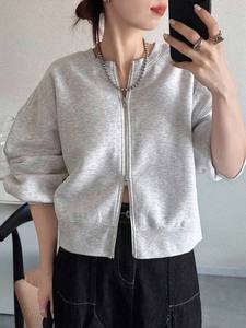 Sudadera corta con cremallera bidireccional gris jaspeado, jersey de cuello redondo de lana de algodón, dobladillo en capas, ropa de calle con hombros caídos de gran tamaño - Product Image 2