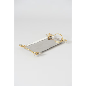 <b>Table</b> Centerpiece Food Serving Tray Made Of Silver Metal Serving Tray With Gold Leaf Design Handle And Platter For <b>Kitchen</b> Use - Product Image 6