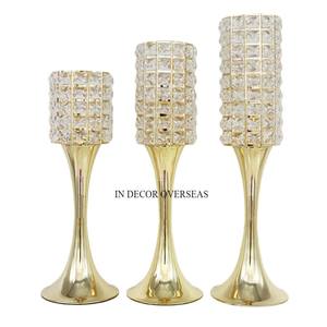 Base plaquée or en métal de haute qualité pour cristal clair perlé fantaisie Designer ensemble de 3 bougeoirs décor de Table - Product Image 1