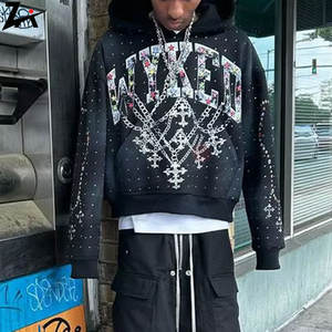 Sudadera con capucha desgastada con diamantes de imitación para hombres y mujeres Hip Hop bordado de letras sudadera informal de gran tamaño ropa de calle de moda - Product Image 6