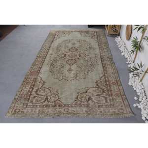 Tapis Vintage Turc 5.4 X 8.8ft Vert Beige Laine avec Motif Abstrait Style Tabriz pour Entrée ou Couloir 9x12 Rectangle - Product Image 1