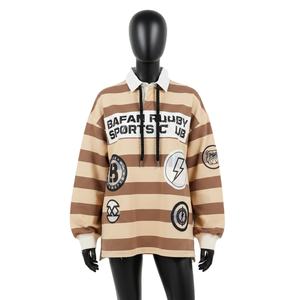 Camiseta de Rugby para Mujer, 280 GSM, Jersey de Algodón Grueso, Color Marrón Beige con Paneles a Rayas, Sudadera con Capucha, Logotipo Personalizado con Serigrafía - Product Image 1