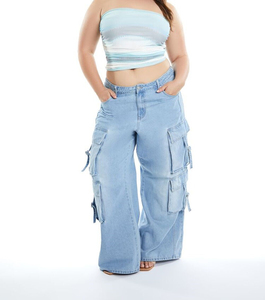 Nuevo fabricante Unisex pierna ancha Streetwear Baggy Plus Size Straight Fit mujeres Jeans Cargo bolsillos Pantalones - Product Image 4