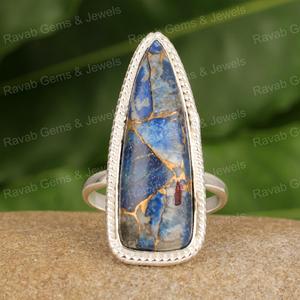 Meilleure vente 925 argent Sterling femmes Designer Cocktail bague véritable Lapis Lazuli cuivre billion forme 10x20mm bijoux fins - Product Image 1