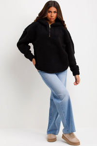 La Sudadera con capucha de lana de peluche para mujer más vendida, cuello de media cremallera negro personalizado, entrenamiento, estampado, bordado, otoño - Product Image 3