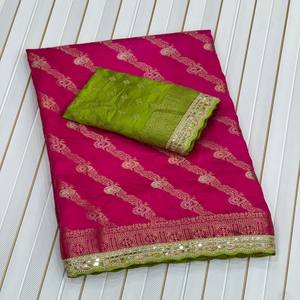 Sari de Seda Dola VASTRA COTTAGE con Bordado, Lentejuelas, Ribete con Bordado en Contraste, Blusa de Encaje Bordado, Ropa Étnica para Fiestas - Product Image 5