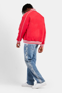 Chaqueta universitaria con cierre de botón de Color rojo con logotipo y diseño personalizado para hombre, botón bombardero universitario de béisbol Letterman de lana gruesa - Product Image 3