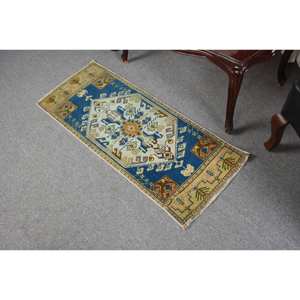 Alfombra de lana de retazos azul y amarillo tradicional hecha a mano, alfombra turca hecha a mano de 1,6x3,8 pies para sala de estar, pasillo rectangular, cabecera de látex - Product Image 4