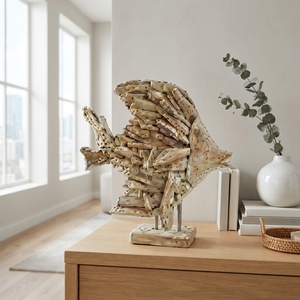 Sculpture artisanale de poisson dory en bois flotté, statue nautique rustique en teck sculpté, avec base en bois, pour décoration de table ou d'appoint. - Product Image 3