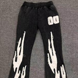 Conjunto de sudadera con capucha y pantalones acampanados con lavado ácido, jersey de lana de algodón 100% de gran tamaño, estampado personalizado de transferencia de calor, diamantes de imitación de talla grande - Product Image 3