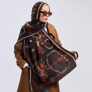 Elegant Long Casual Silk Wool Blend Shawl with Hand Rolled Hem Luxury Equestrian Chain & Leather Belt Motif Floral <b>Pashmina</b> - Product Image 3