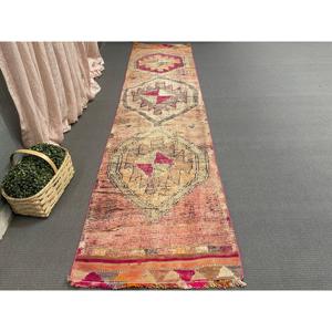 Vintage Turkish Rug, 2.5x10.1 ft <b>Runner</b> Rug, <b>Red</b> Pink Patchwork Rug - Product Image 4