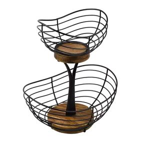 2-tầng cổ điển dây giỏ trái cây với cơ sở bằng Gỗ Nhà Bếp truy cập trái cây Bát đứng cho thực phẩm làm sạch nguồn cung cấp Giày gia vị Túi - Product Image 3